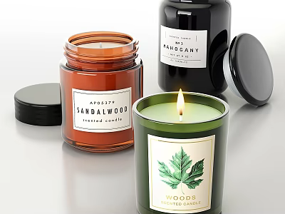Scented Candles With Various Wood Scents In Colored Jars Black Lids And Leaf Labels 3d model