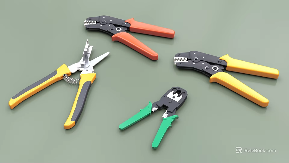 Industrial Hand Tools Set of Pliers with Colored Handles Including Orange Yellow Green and Black 3d model 