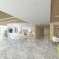 Modern Service Hall Interior With Reception Counter Green Plants Seating Area And City View Windows