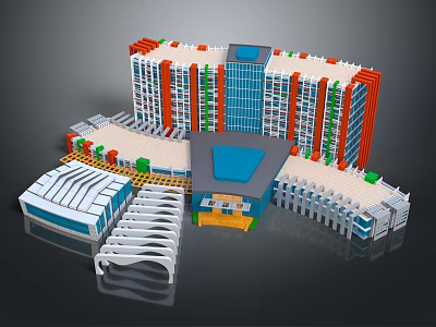 Cartoon Style City Scene With Colorful Buildings Blue Rooftops Red Green Accents And Square Area 3d model