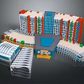 Cartoon Style City Scene With Colorful Buildings Blue Rooftops Red Green Accents And Square Area