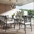 Modern Restaurant Interior With Wooden Walls Glass Panels Dining Table Chairs And Pendant Lights