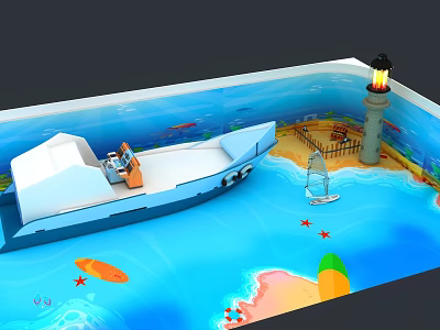 Playful Cartoon Ocean Scene With Boat Lighthouse Beach Sailboat And Fish 3d model