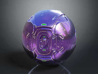 Futuristic Purple Spherical Component With Metallic Finish Geometric Patterns And Green Accents 3d model