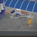 Industrial Factory Building with Blue Roof Cement Silos Mixing Equipment and Yellow Trucks