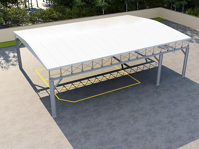 Outdoor White Roof Metal Frame Carport With Gray Pavement And Green Plants 3d model