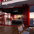 Modern Red Container Building Coffee Shop With Outdoor Terrace And Large Windows