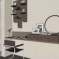 Stylish Wall Mounted Shelves Displaying Vintage Camera Records Books and Decorative Frames