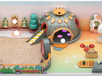 Colorful Playground With Sandpit Slide Dome Structure And Mushroom Decorations 3d model