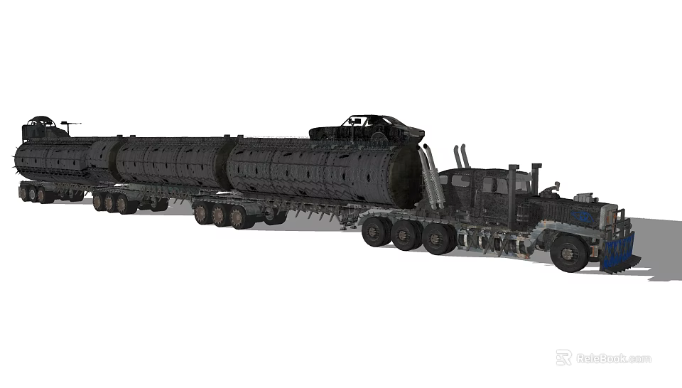 Black Car Being Transported by Heavy Duty Truck on Long Extended Trailer 3d model 