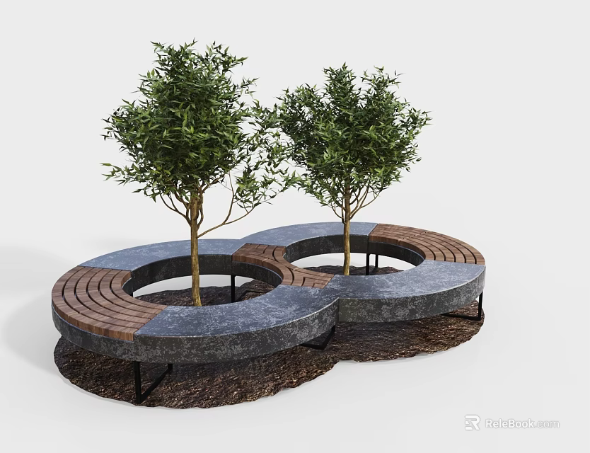 Modern Circular Outdoor Chairs With Trees In Center And Wooden Stone Materials 3d model 