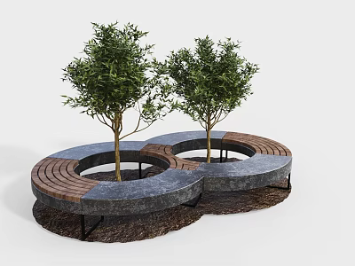 Modern Circular Outdoor Chairs With Trees In Center And Wooden Stone Materials 3d model