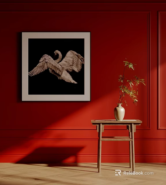 Wooden Decorative Cabinet With Swan Painting On Red Wall And White Vase Green Plant 3d model 