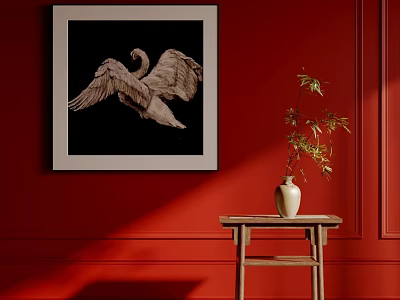 Wooden Decorative Cabinet With Swan Painting On Red Wall And White Vase Green Plant 3d model