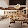 Warm Modern Restaurant Interior With Wooden Tables Chairs Pendant Lights Wine Rack And Staircase