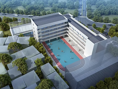 Multi Storey School Building With Courtyard Playground And Lush Green Surroundings 3d model