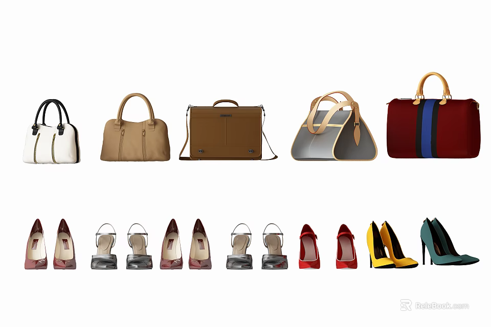 Stylish High Heels In Various Colors Paired With Fashionable Handbags 3d model 