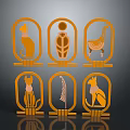 Egyptian Style Golden Wall Decor With Oval Frames And Cat Human Chair Harp Anubis Patterns