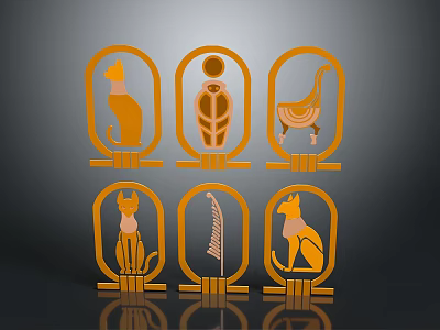 Egyptian Style Golden Wall Decor With Oval Frames And Cat Human Chair Harp Anubis Patterns 3d model