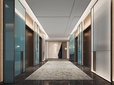 Modern Elevator Lobby Interior With Glass Panels Patterned Carpet And Lighting Fixtures 3d model
