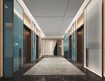 Modern Elevator Lobby Interior With Glass Panels Patterned Carpet And Lighting Fixtures 3d model