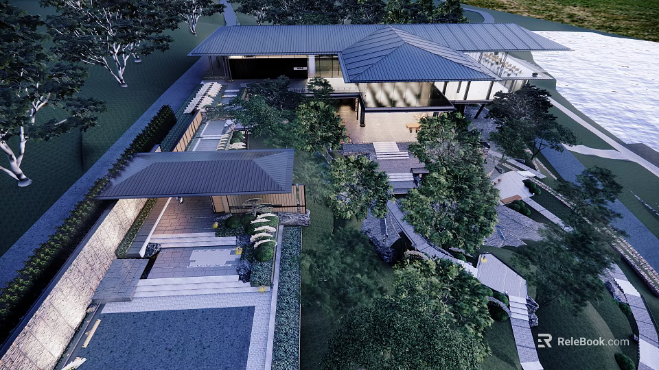 Modern Homestay Building With Courtyard Roof Trees Stone Path And Open Design 3d model 