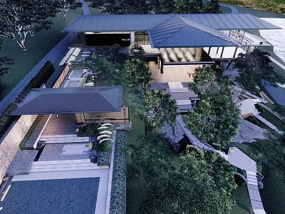 Modern Homestay Building With Courtyard Roof Trees Stone Path And Open Design 3d model