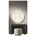 Modern Dressing Table Design With Round Mirror Marble Countertop And Stool