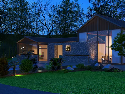 Nighttime Guesthouse Building Surrounded by Trees With Stone Wall Glass Windows and Illuminated Lawn Greenery 3d model