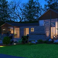 Nighttime Guesthouse Building Surrounded by Trees With Stone Wall Glass Windows and Illuminated Lawn Greenery
