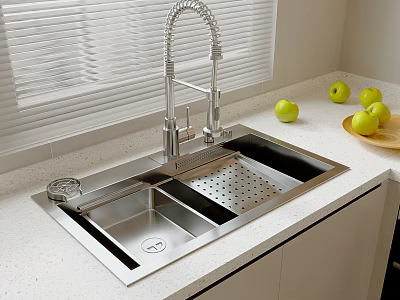 Stainless Steel Kitchen Sink With Flexible Faucet Drainer Rack On White Countertop With Fresh Apples 3d model