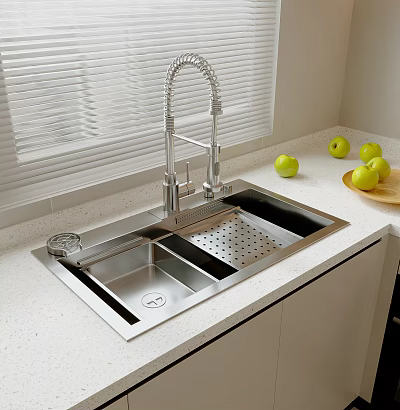 Stainless Steel Kitchen Sink With Flexible Faucet Drainer Rack On White Countertop With Fresh Apples 3d model