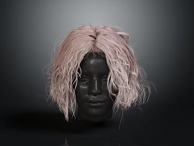 Black Mannequin Head With Human Face Features And Fluffy Pink Hair 3d model