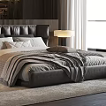 Modern Bedroom Interior Featuring Dark Leather Headboard Gray White Bedding Open Closet And Foggy View