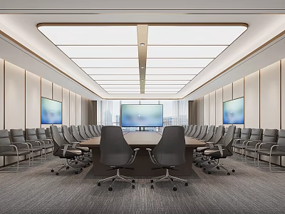 Modern Elegant Spacious Conference Room With Large Meeting Table Video Screens And Comfortable Office Chairs 3d model