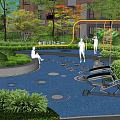 Residential Landscape With Tall Buildings Green Trees Lawns Blue Paved Path Exercise Equipment And Playground