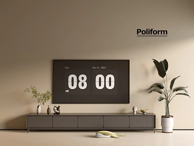 Sleek Modern Gray TV Stand With TV Screen Green Plants And Decorative Items 3d model