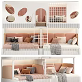 Cute Kids Bunk Bed with Guardrails Ladder Sofa Lower Pink White Pillows and Circular Windows