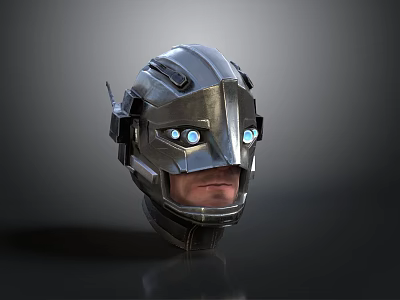 Futuristic Weapon Helmet With Metallic Shell Blue Glowing Eyes And Tactical Design 3d model