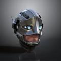 Futuristic Weapon Helmet With Metallic Shell Blue Glowing Eyes And Tactical Design