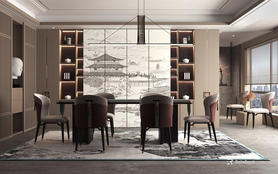 Elegant Chinese Restaurant Interior Featuring Landscape Painting Wall Dining Table And Chairs 3d model 