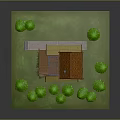 Traditional Wooden House with Orange Roof Surrounded by Green Trees and Small Yard