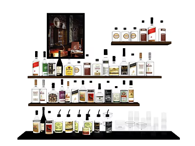 Elegant Display Of Various Wine Bottles And Cocktail Glasses On Wooden Shelves For Bar 3d model