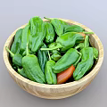 Fresh Green Peppers In Wooden Bowl With Ripe Orange Tipped Varieties