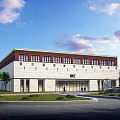 Modern Industrial Factory Building With Red Roof White Walls Multiple Windows Parking Lot And Greenery