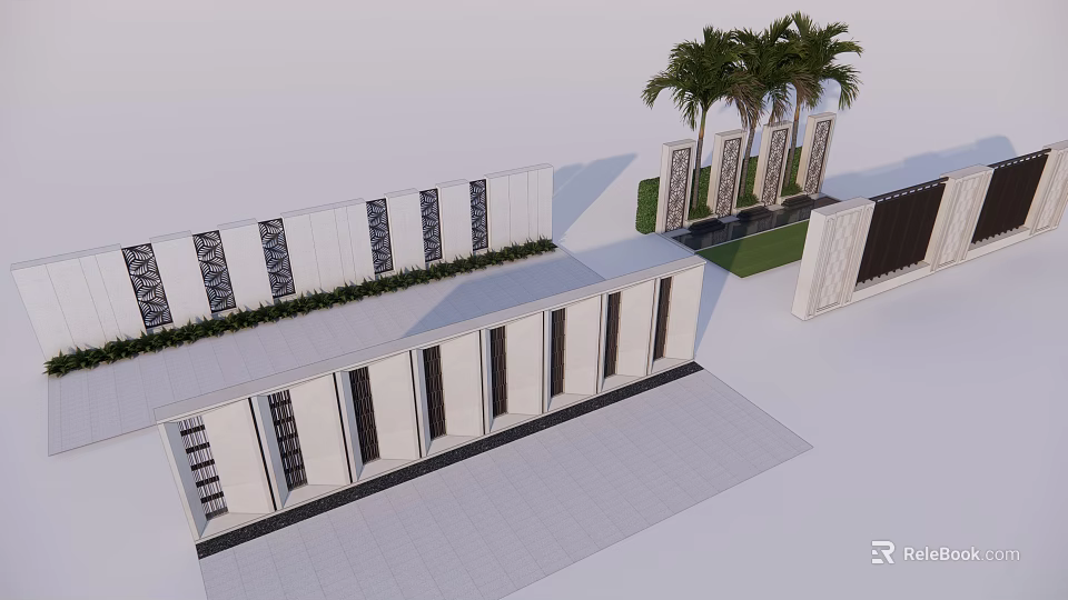 Modern Scenic Wall With Geometric Patterns White Stone And Palm Trees 3d model 