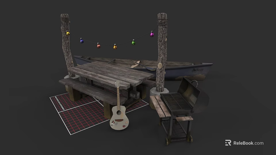 Cozy Camping Site With Wooden Table Benches Guitar Grill And Colorful String Lights 3d model 