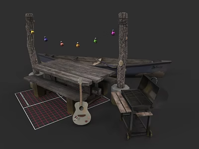 Cozy Camping Site With Wooden Table Benches Guitar Grill And Colorful String Lights 3d model