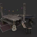 Cozy Camping Site With Wooden Table Benches Guitar Grill And Colorful String Lights