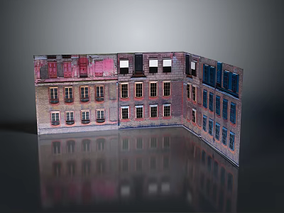 Vintage Multi Storey Corner Building Model With Colored Brick Walls And Windows 3d model